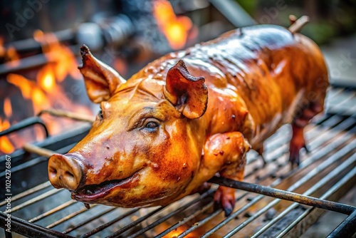 Close-up of a succulent roasted suckling pig cooking on a charcoal grill