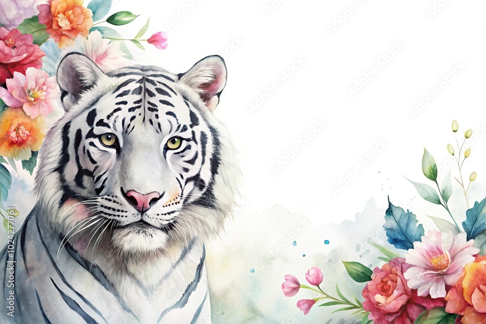 Fototapeta premium Watercolor painting of white tiger and flowers