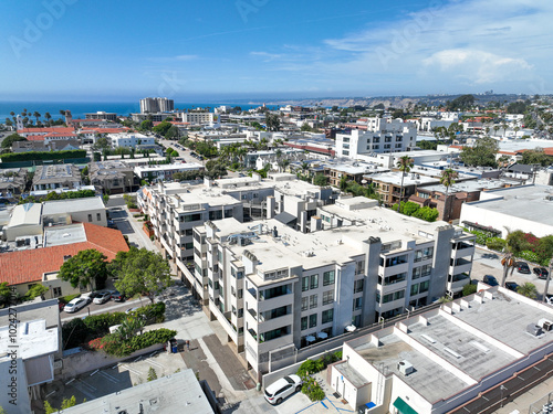 Aerial view over La Jolla with big villas and ocean in the background, San Diego, California, USA