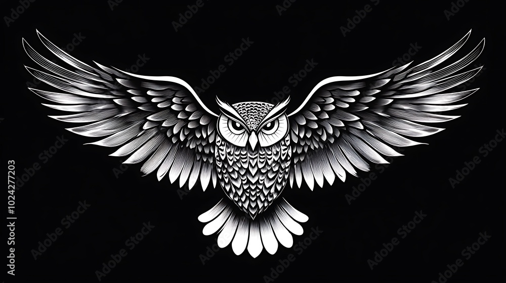 Fototapeta premium Abstract owl silhouette with wings spread, using clean, sweeping lines and no interior details, set against a solid black background. High contrast, focus on symmetry and balance,