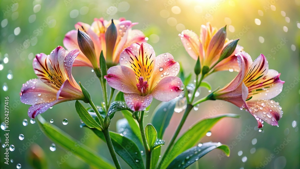 Fototapeta premium Close-up of Alstroemeria flowers dancing gracefully in morning dew