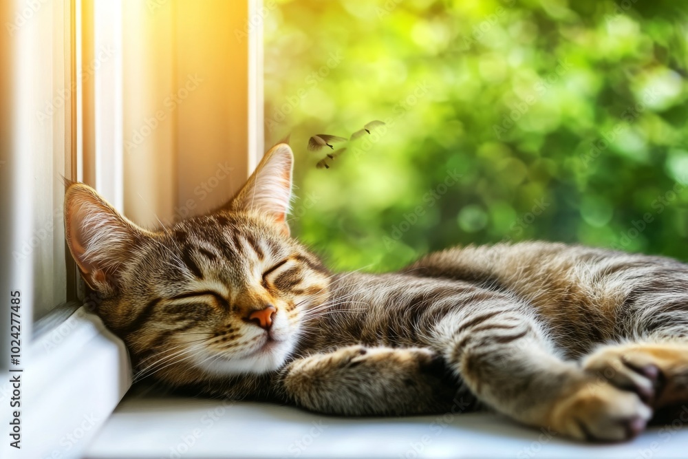 Sleeping Cat by the Window with Sunlight Streaming In Sleeping Cat by the Window with Sunlight Streaming In