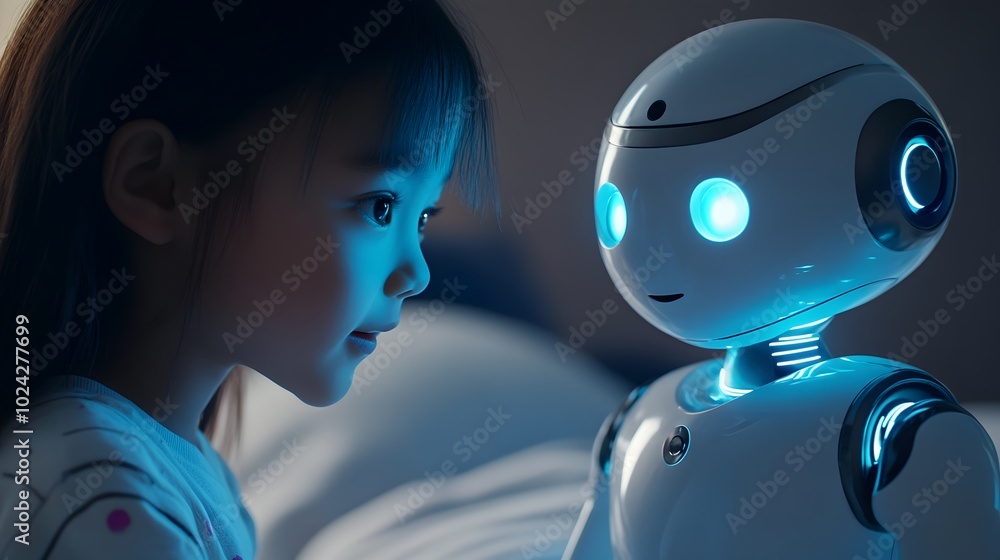 Fototapeta premium An AI-powered robot companion interacting with a child, symbolizing AI’s role in entertainment and education.