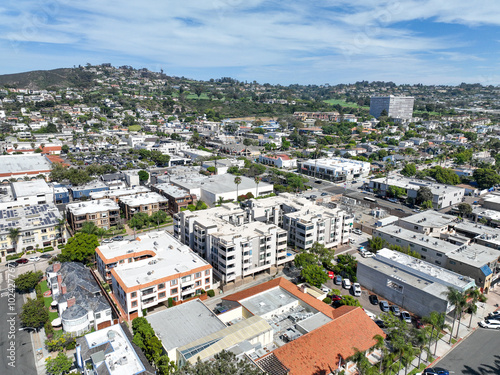 Aerial view over La Jolla with big villas and ocean in the background, San Diego, California, USA