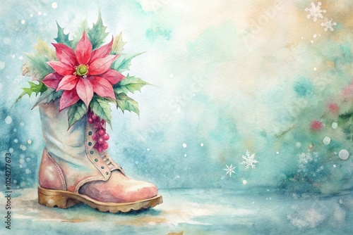 watercolor pastel boot with flower in Christmas theme