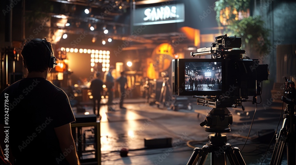 A film studio setup with crew and equipment for a production. A film studio setup with crew and equipment for a production.