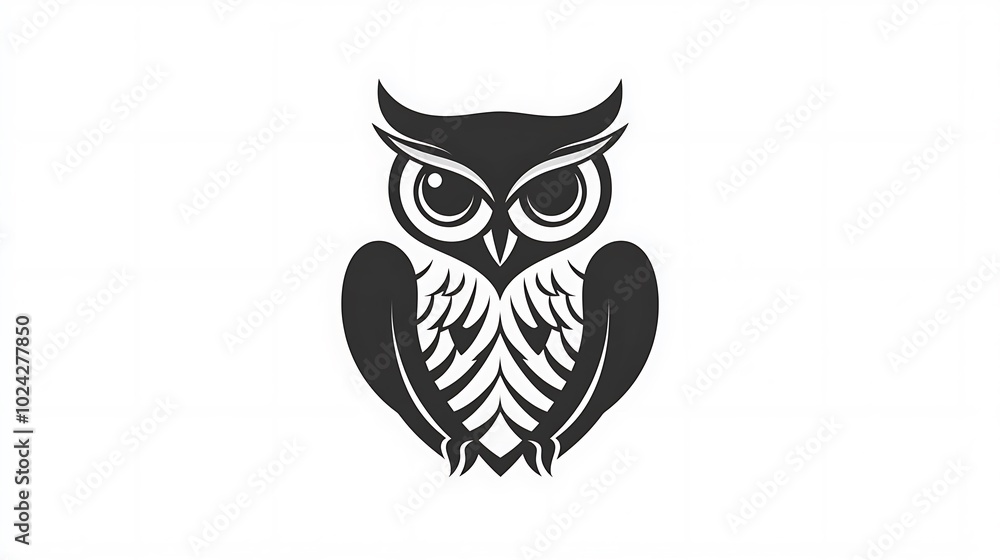 Fototapeta premium Abstract symmetrical owl design using only circles and triangles, with a focus on balance and clean shapes, set against a solid white background. Smooth curves, flat illustration style, hd quality,