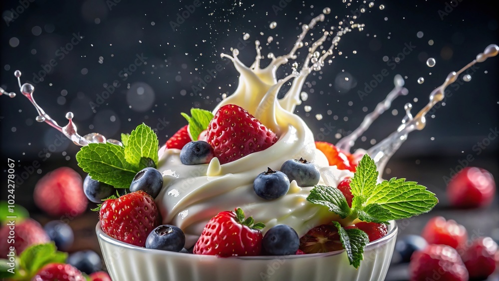 Close-up of berry and cream dessert with milk splash Close-up of berry and cream dessert with milk splash