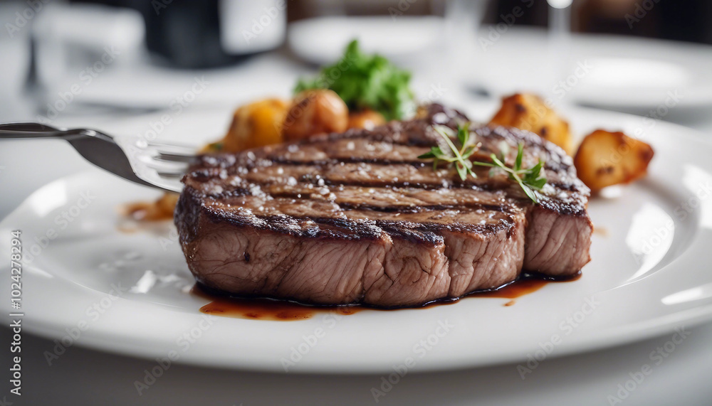Perfectly grilled steak on a white plate at a luxury restaurant, set against a bright background. Perfectly grilled steak on a white plate at a luxury restaurant, set against a bright background.