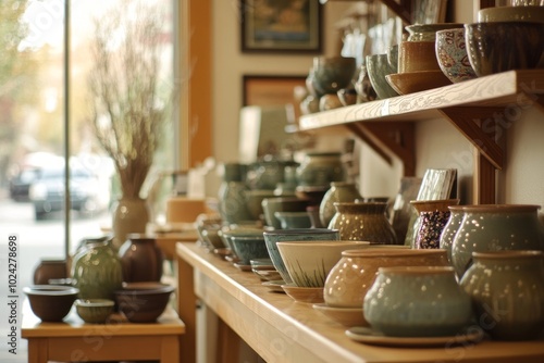 opper browsing through a display of unique handcrafted pottery in an elegant artisan shop. photo