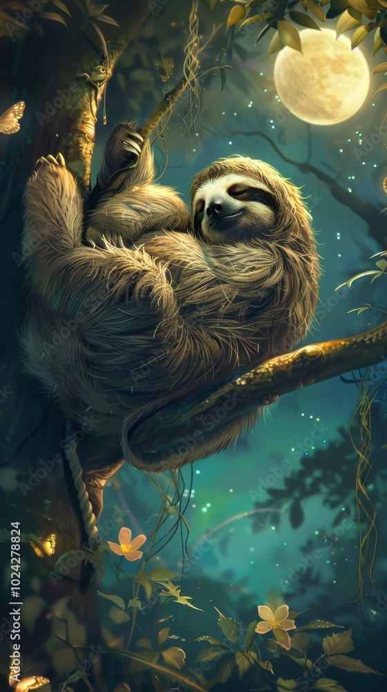 A sloth is hanging from a tree branch in the dark. The sloth is looking up at the moon A sloth is hanging from a tree branch in the dark. The sloth is looking up at the moon
