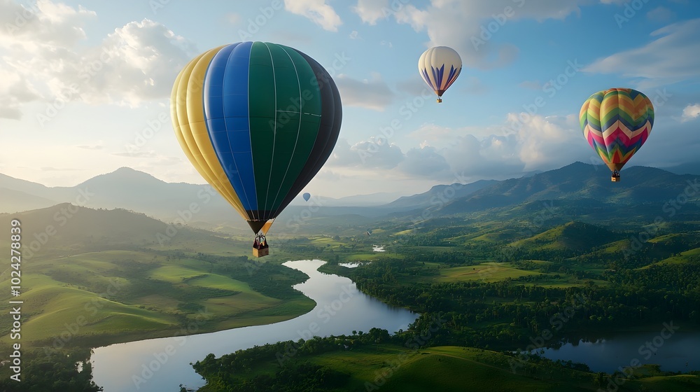 Fototapeta premium Vibrant hot air balloons gently floating in the vast picturesque sky above a serene enchanting landscape A breathtaking aerial view of nature s beauty and the thrill of adventure and