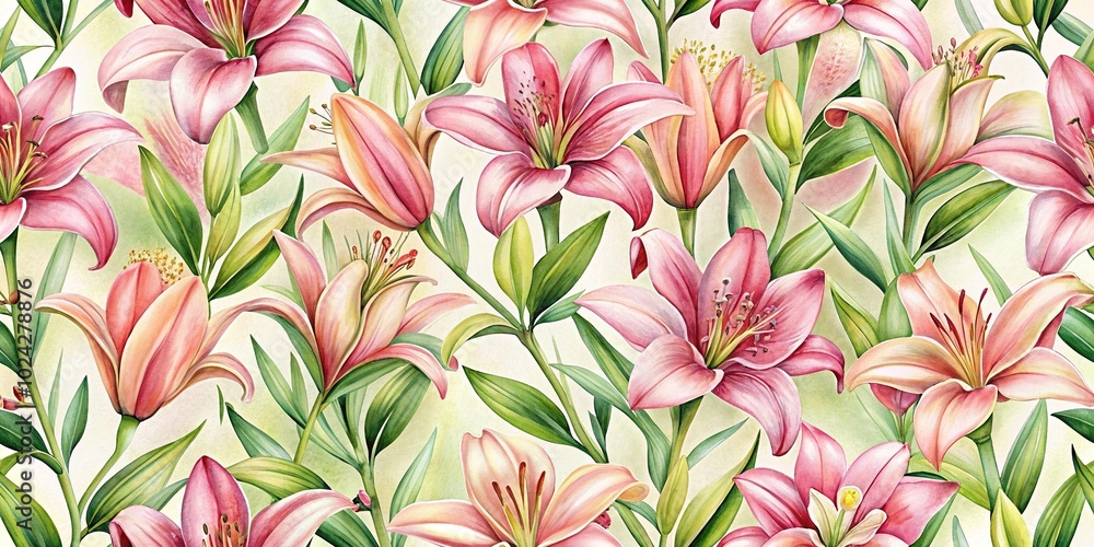 Watercolor seamless pattern with close-up lily flowers Watercolor seamless pattern with close-up lily flowers