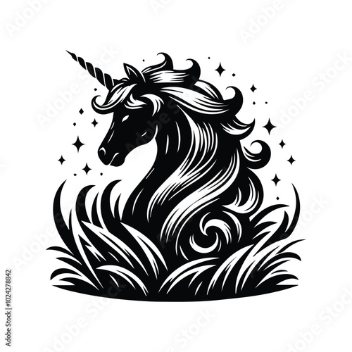 A black and white illustration of a unicorn surrounded by stars and flowers, showcasing a whimsical and enchanting scene.