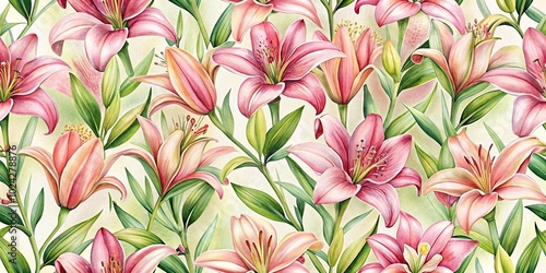 Watercolor seamless pattern with close-up lily flowers