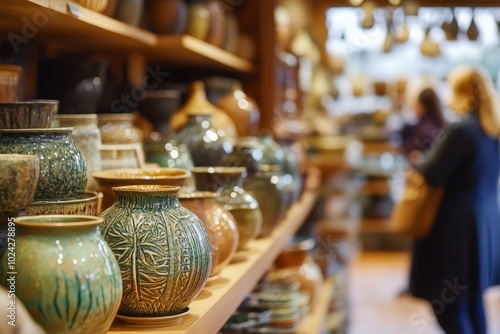 opper browsing through a display of unique handcrafted pottery in an elegant artisan shop.  photo