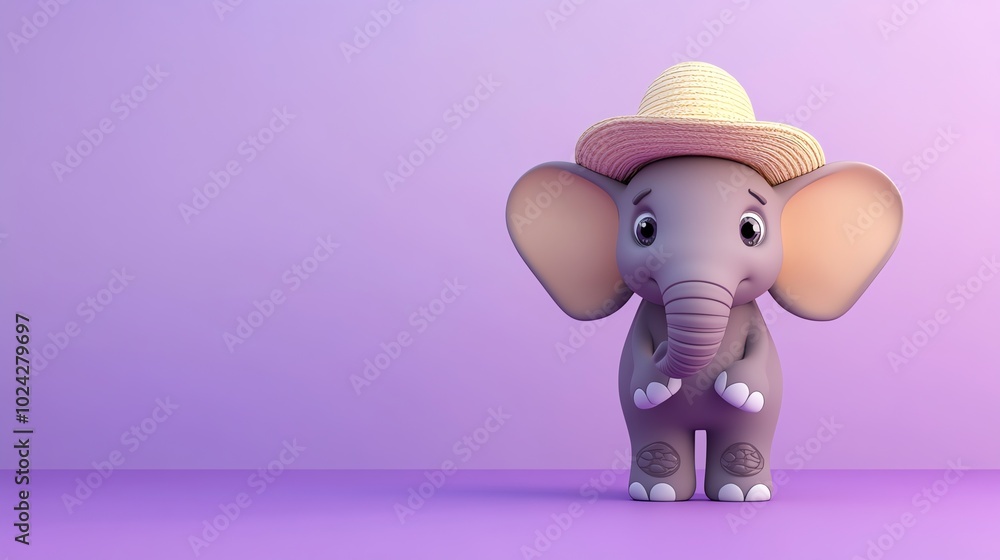 Cute cartoon elephant wearing a straw hat on a purple background. Cute cartoon elephant wearing a straw hat on a purple background.