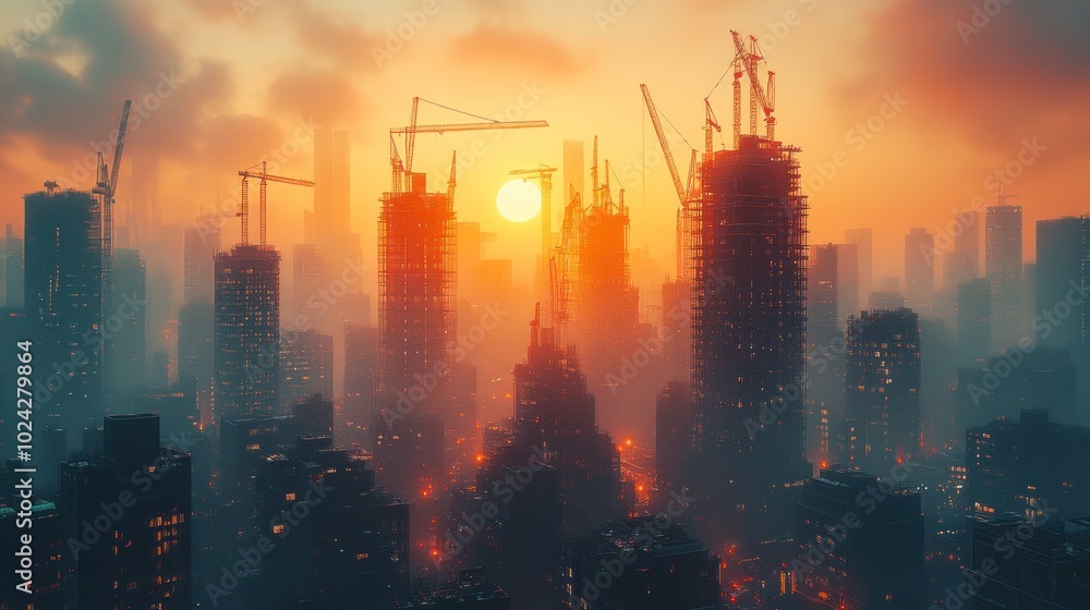 A futuristic city skyline with numerous skyscrapers under construction at sunset. A futuristic city skyline with numerous skyscrapers under construction at sunset.