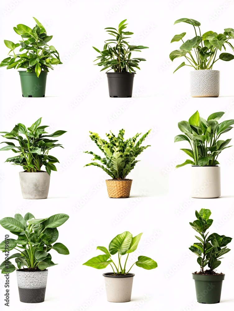 A vibrant array of unique houseplants in stylish pots highlights the beauty and variety of indoor greenery against a clean backdrop. A vibrant array of unique houseplants in stylish pots highlights the beauty and variety of indoor greenery against a clean backdrop.