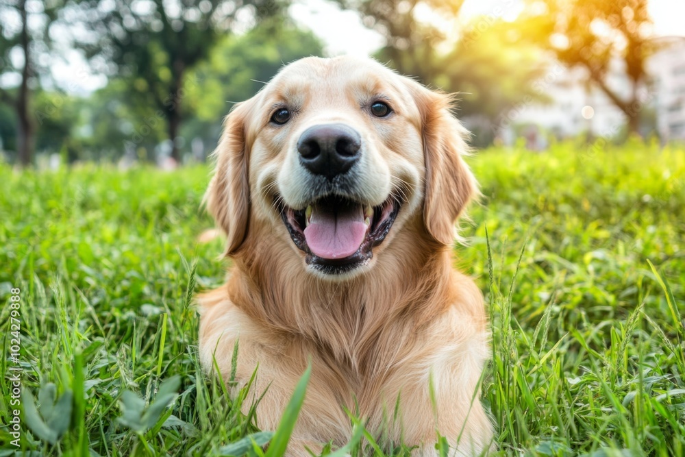 Golden Retriever Smiling in a Field of Green Grass Golden Retriever Smiling in a Field of Green Grass