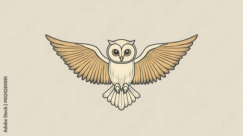 Obraz premium Minimalist line art owl made from smooth, balanced lines for wings and body, circular eyes, and curved shapes, set against a light grey background. Clean and simple composition, flat colors,