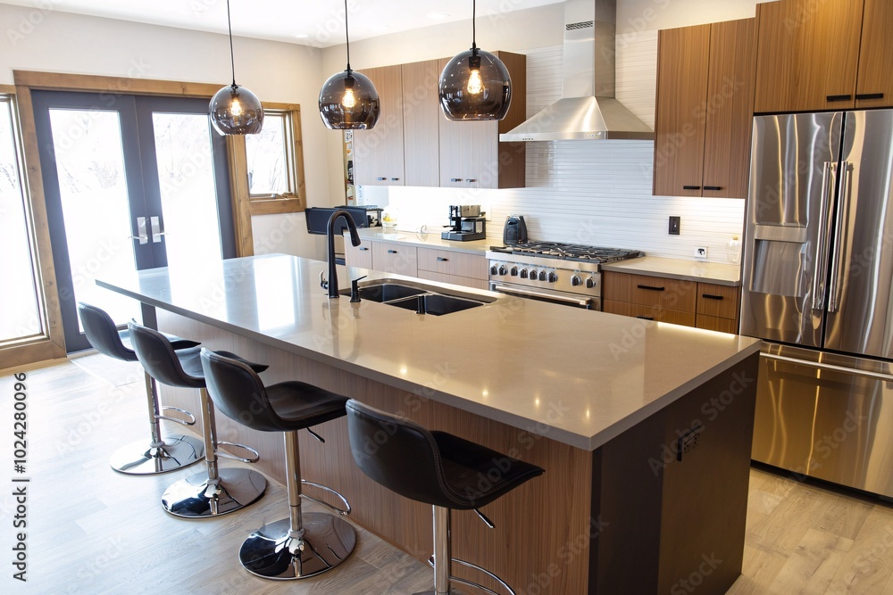 The kitchen boasts streamlined surfaces, state-of-the-art appliances, and chic seating, blending practicality with modern sophistication. The kitchen boasts streamlined surfaces, state-of-the-art appliances, and chic seating, blending practicality with modern sophistication.