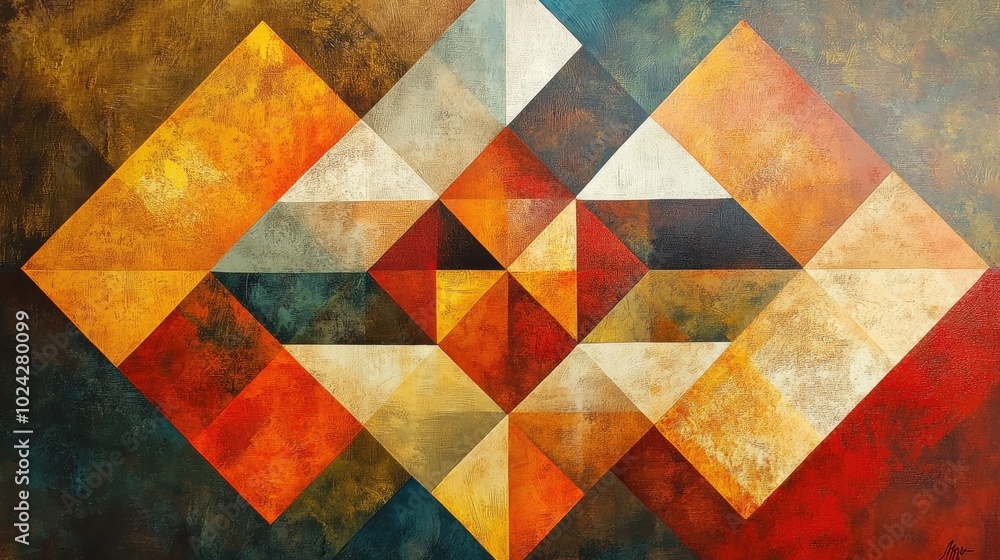 Abstract painting featuring a geometric design with a vintage texture showcasing a modern artistic interpretation of geometric patterns Abstract painting featuring a geometric design with a vintage texture showcasing a modern artistic interpretation of geometric patterns