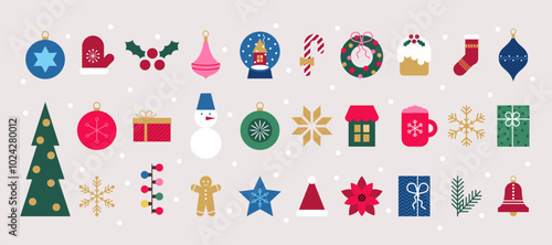 Set of Christmas minimalist geometric elements. Modern Xmas abstract icons and symbol. New Year holiday decoration. Vector illustration.