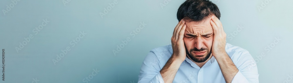 Man sitting with his head in his hands, visibly distressed by emotional pain and stress, soft lighting, ultrarealistic detail of mental exhaustion and strain Man sitting with his head in his hands, visibly distressed by emotional pain and stress, soft lighting, ultrarealistic detail of mental exhaustion and strain
