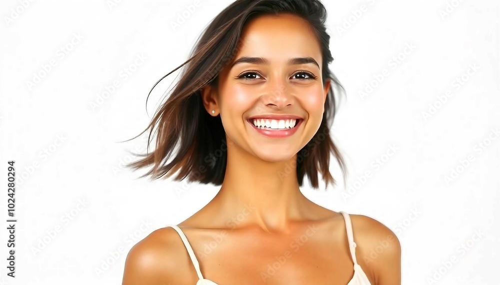 Portrait of a young Latina woman with a bright smile, isolated against a plain white background. Portrait of a young Latina woman with a bright smile, isolated against a plain white background.