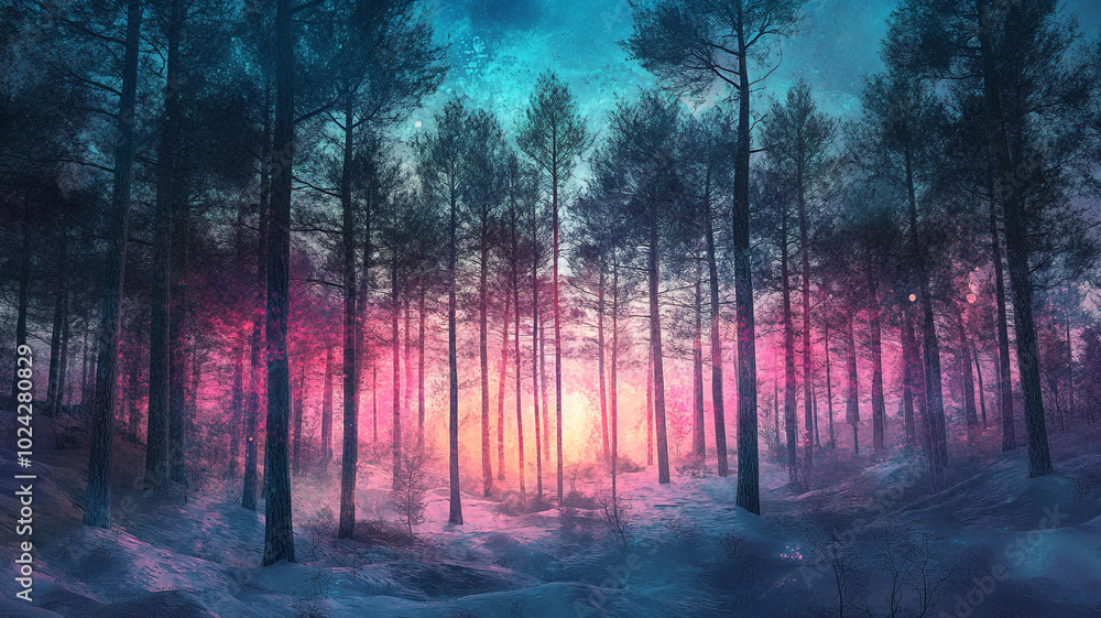 A serene winter solstice sunset glowing through snow-covered trees in a tranquil forest A serene winter solstice sunset glowing through snow-covered trees in a tranquil forest