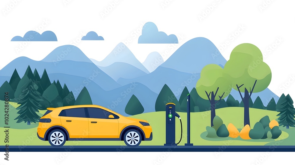 of a modern electric vehicle charging station with a car plugged in for charging  The flat design style depicts the clean efficient