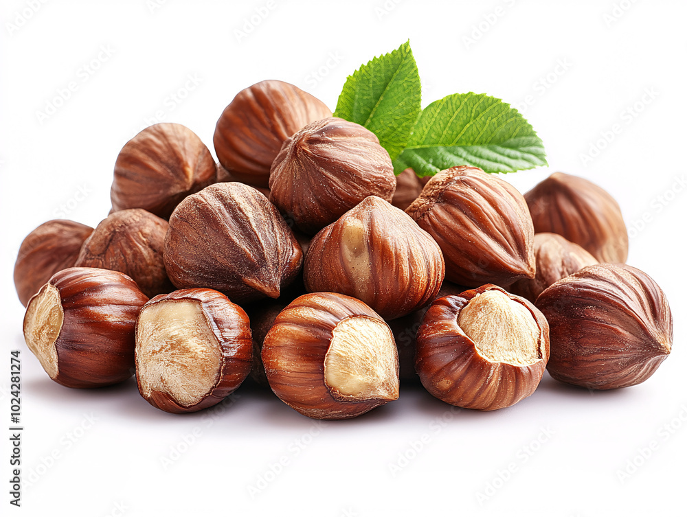 a close-up of several hazelnut kernels with their shells removed, placed on a green leaf. a close-up of several hazelnut kernels with their shells removed, placed on a green leaf.
