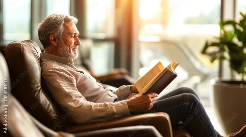 Elderly Man Reading in Airport Lounge Elderly Man Reading in Airport Lounge