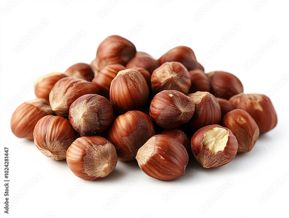 a close-up of several hazelnut kernels with their shells removed, placed on a green leaf. a close-up of several hazelnut kernels with their shells removed, placed on a green leaf.