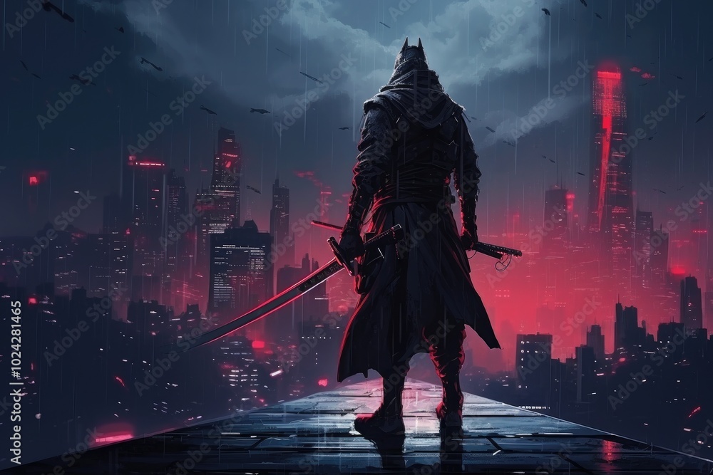 futuristic samurai standing on a building futuristic samurai standing on a building