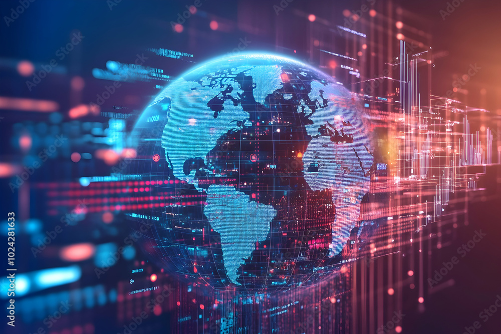 Fototapeta premium Digital Globe with Neon Lights 3D Illustration