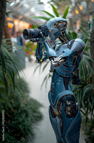 AI-Generated image of a A robotic figure stands poised with a professional camera, capturing the vibrant beauty of plants in an indoor garden. The surroundings are filled with greenery and various flo