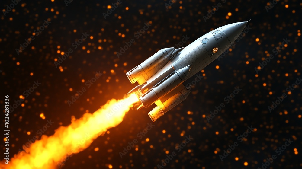 A silver spaceship blasts off into space with a fiery trail. A silver spaceship blasts off into space with a fiery trail.