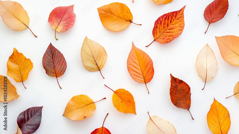 Autumn leaves in warm hues, scattered on a white background. Autumn leaves in warm hues, scattered on a white background.