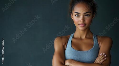 Portrait of a confident woman with arms crossed, athletic wear, sharp lighting, ultrarealistic detail of muscles and skin tone, exuding strength and determination