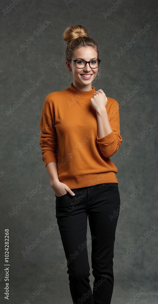 a woman wearing a brown sweater with a brown belt and black pants a woman wearing a brown sweater with a brown belt and black pants