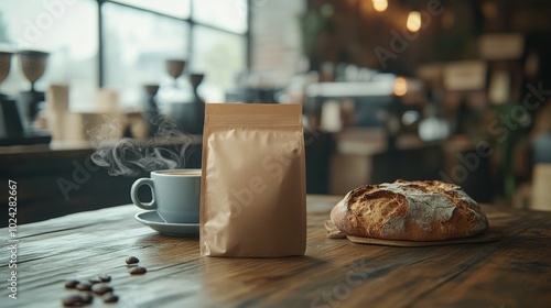 A cozy cafe scene featuring a natural brown coffee baggie packaging, a steaming mug of coffee, and freshly baked bread, placed on a rustic wooden table photo