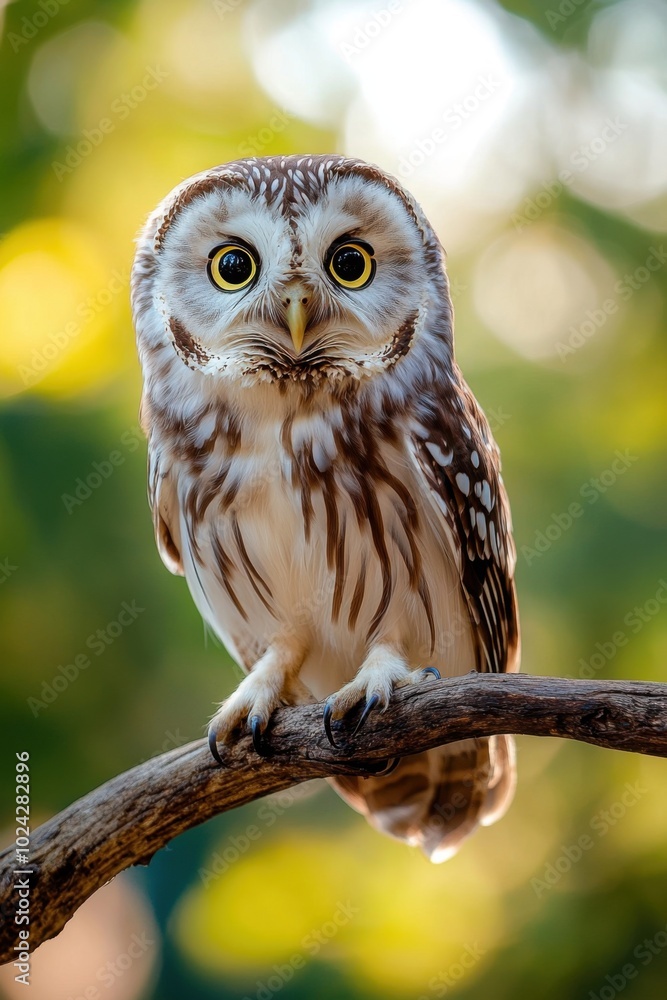 A charming owl perched on a branch tilting its head in the warm afternoon sunlight A charming owl perched on a branch tilting its head in the warm afternoon sunlight