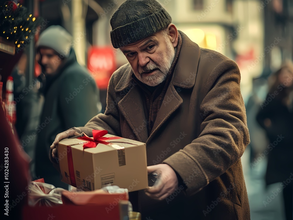 AI-Generated image of A man in a brown coat is holding a brown box with a red ribbon. He is standing in front of a Christmas tree AI-Generated image of A man in a brown coat is holding a brown box with a red ribbon. He is standing in front of a Christmas tree