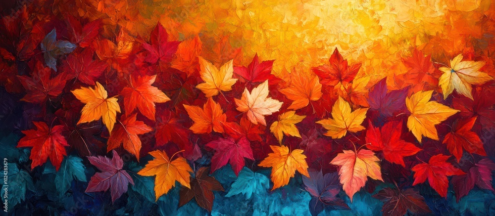 Oil painting of vibrant autumn leaves in shades of red, orange, yellow, and blue. Oil painting of vibrant autumn leaves in shades of red, orange, yellow, and blue.