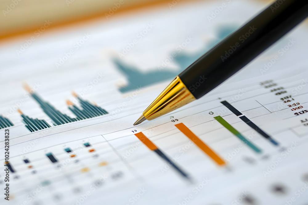 Close Up of a Pen Pointing to a Bar Graph on Paper Close Up of a Pen Pointing to a Bar Graph on Paper