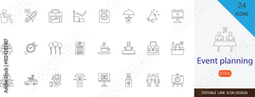 Event planning line icon set . containing  Conference, Meeting, Seminar, Workshop, timeline, staffing and more stroke design
