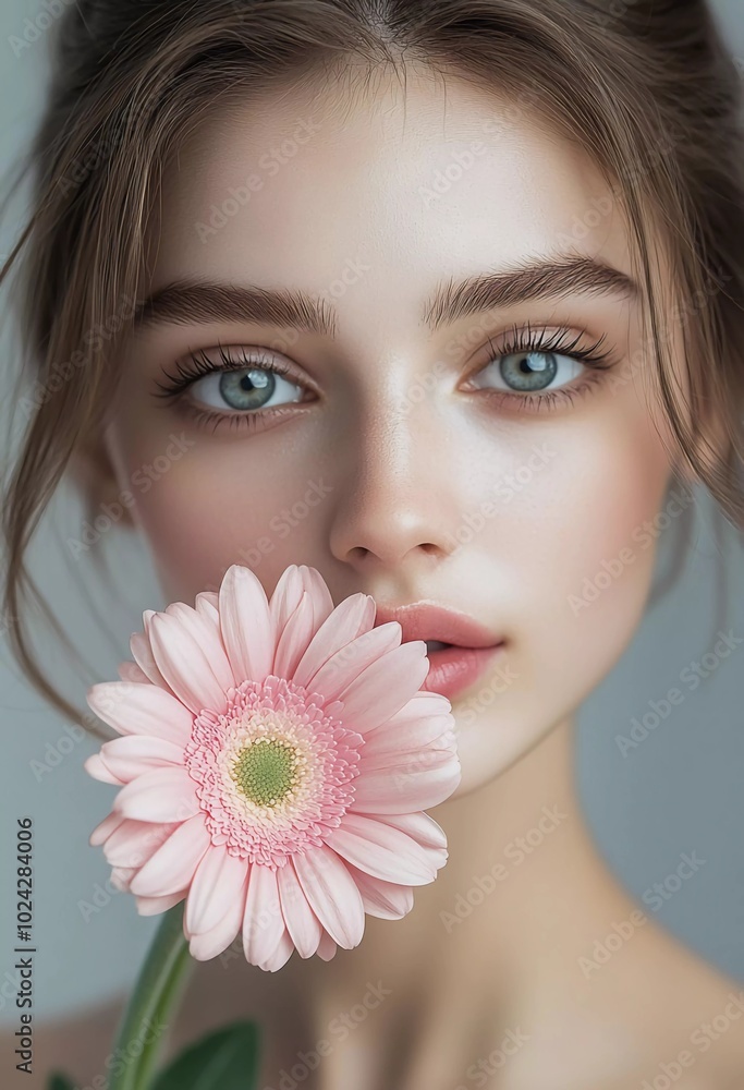 Portrait of a beautiful woman with a pink gerbera flower in her hand, looking at the camera against a grey background. Portrait of a beautiful woman with a pink gerbera flower in her hand, looking at the camera against a grey background.