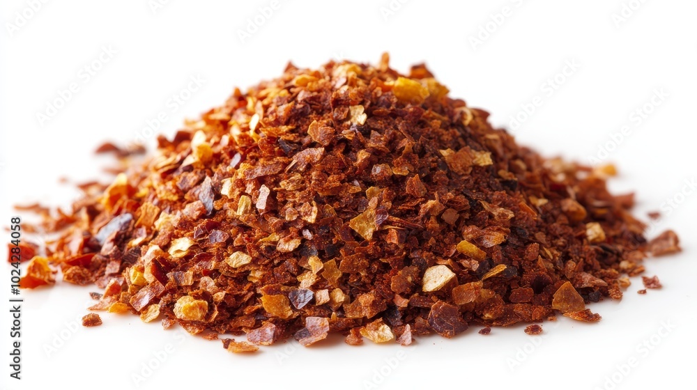 A neat pile of dry, finely chopped red chili flakes and ground paprika, perfectly isolated on a crisp white surface, showing fine granulation A neat pile of dry, finely chopped red chili flakes and ground paprika, perfectly isolated on a crisp white surface, showing fine granulation